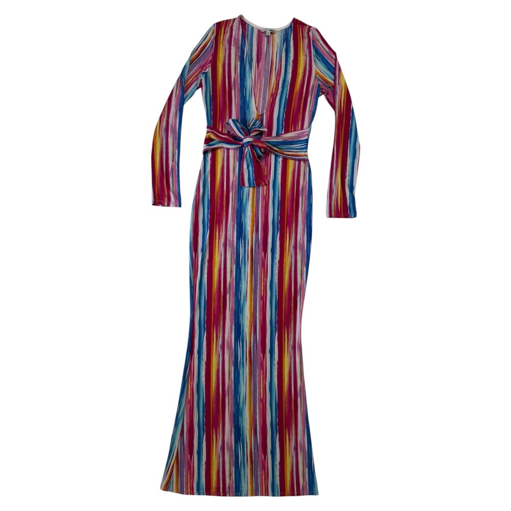 Fashion Nova Maxi Dress M Multicolor Striped Deep V BodyCon Vibrant Vacation